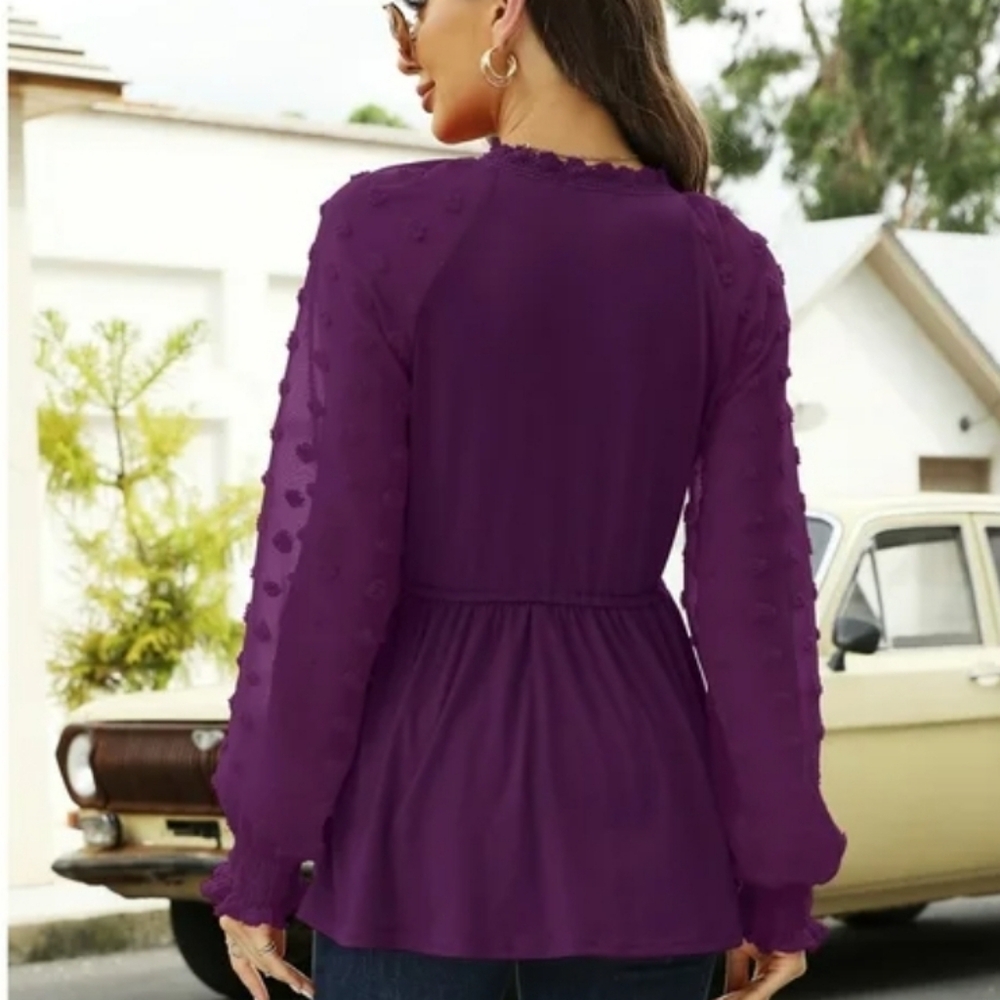 New with tags! Fashion Womens XXL purple vneck swiss dot long sleeve blouse - Picture 2 of 4